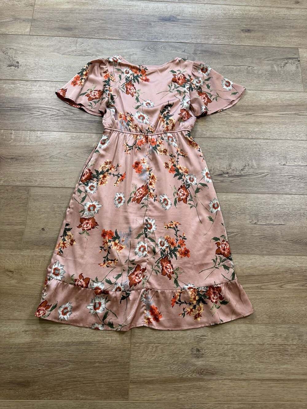 Polagram Mauve Floral Faux Wrap Midi Dress Small Flutter Sleeve Boho Cottagecore - Picture 10 of 13